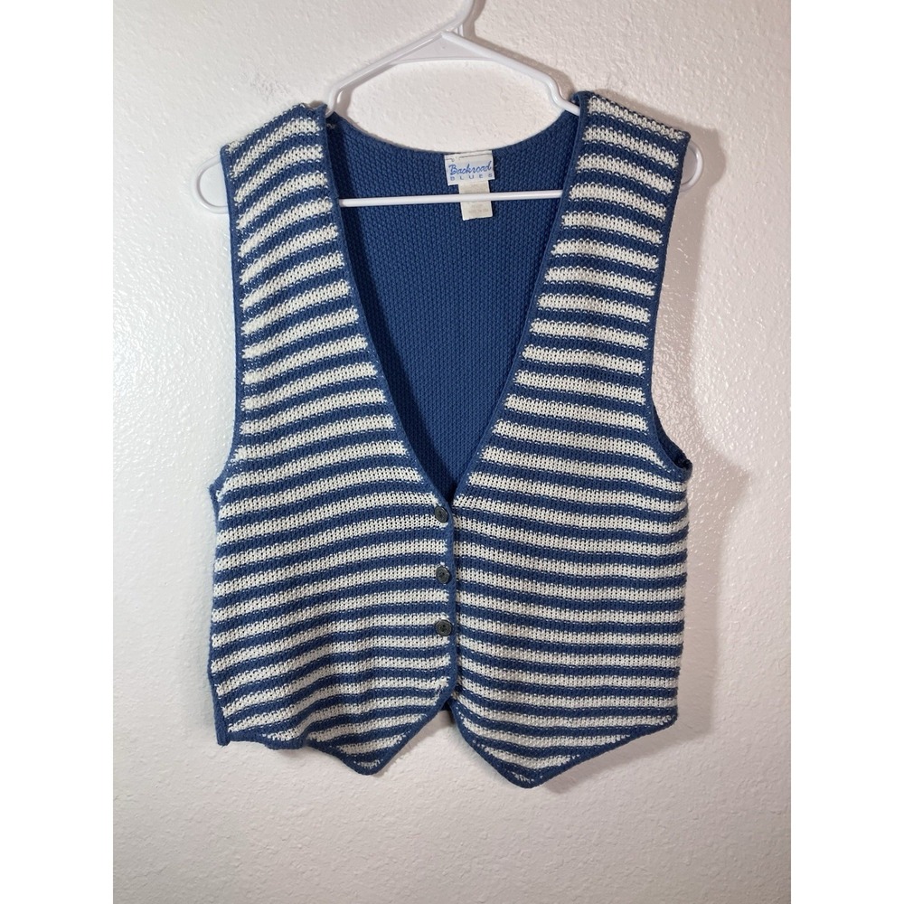 VTG Backyard Blues Knit Sweater Vest Womens M Blue Stripe‎ Vintage Americana